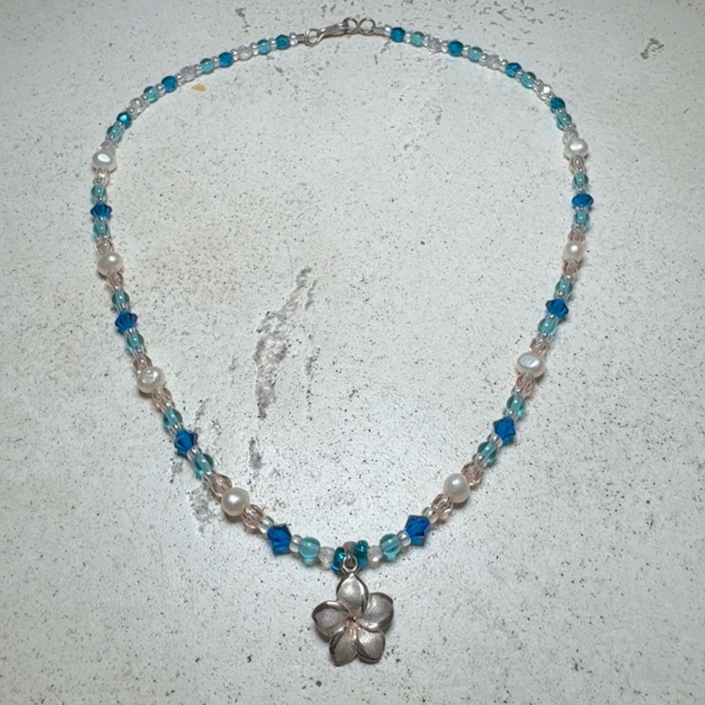 Y2K Blue Beaded Necklace Sterling Silver Floral Pendant